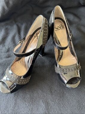 Sofft Black Patent Mary Jane Peep-Toe Heels